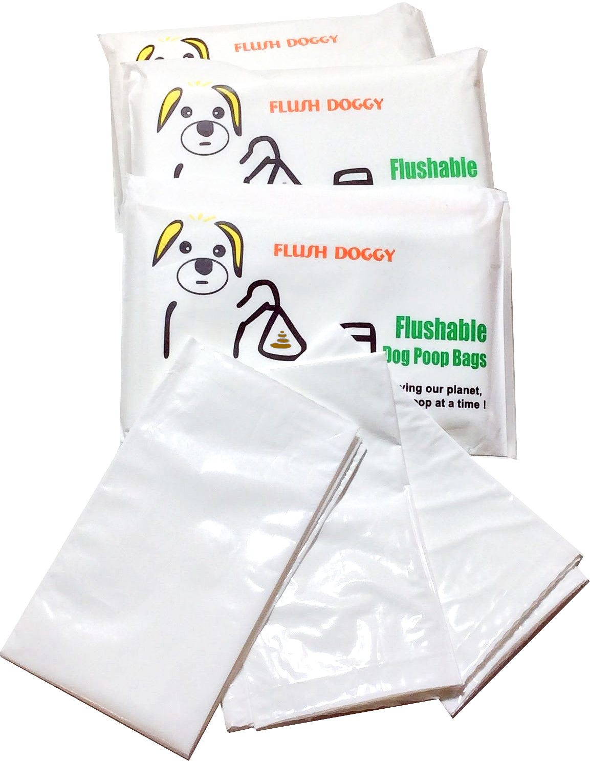 a photo showing Flush Doggy packaging and actual poop bags